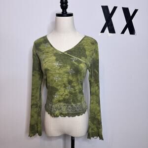 Vintage Y2K Earthy Green Faux Wrap Top • Flare Sleeves Goblin Fairy Grunge M / L
